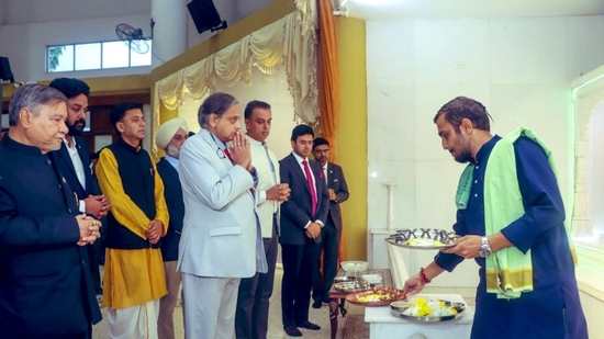 Shashi Tharoor and Sarfaraz Ahmad offering prayers at Panama temple during Indian delegation visit, 2025