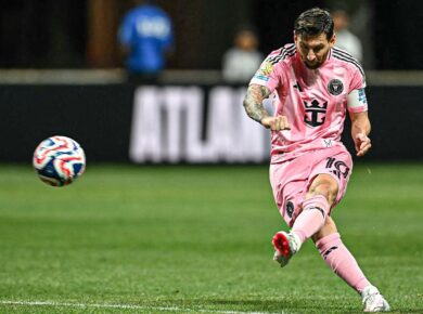 Lionel Messi celebrates his Messi free-kick FIFA Club World Cup goal against FC Porto at Mercedes-Benz Stadium