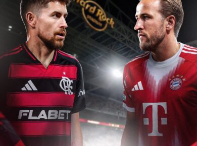 Harry Kane celebrates during Bayern Munich vs Flamengo 2025 match at Hard Rock Stadium