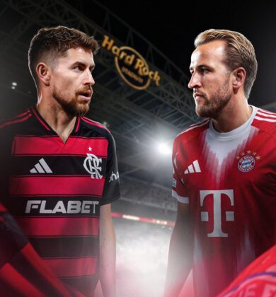 Harry Kane celebrates during Bayern Munich vs Flamengo 2025 match at Hard Rock Stadium