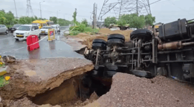 Gurugram Road Collapse Horror: Truck Swallowed by Crater After Torrential Rain
