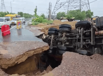 Gurugram Road Collapse Horror: Truck Swallowed by Crater After Torrential Rain